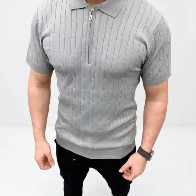 Men's Gray Braided Knit Short Sleeve Zippered Polo T-Shirt 2