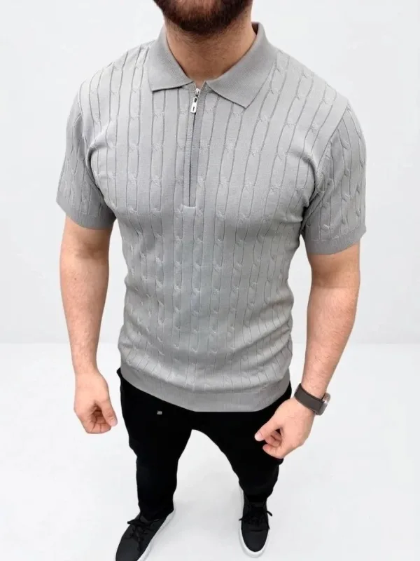 Men's Gray Braided Knit Short Sleeve Zippered Polo T-Shirt 2