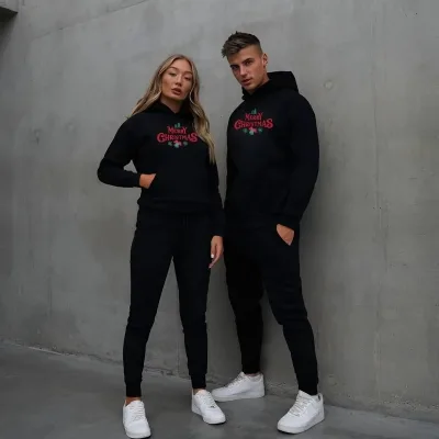 Męski Czarny Oversize Bluza z Kapturem z Nadrukiem Świątecznym 2