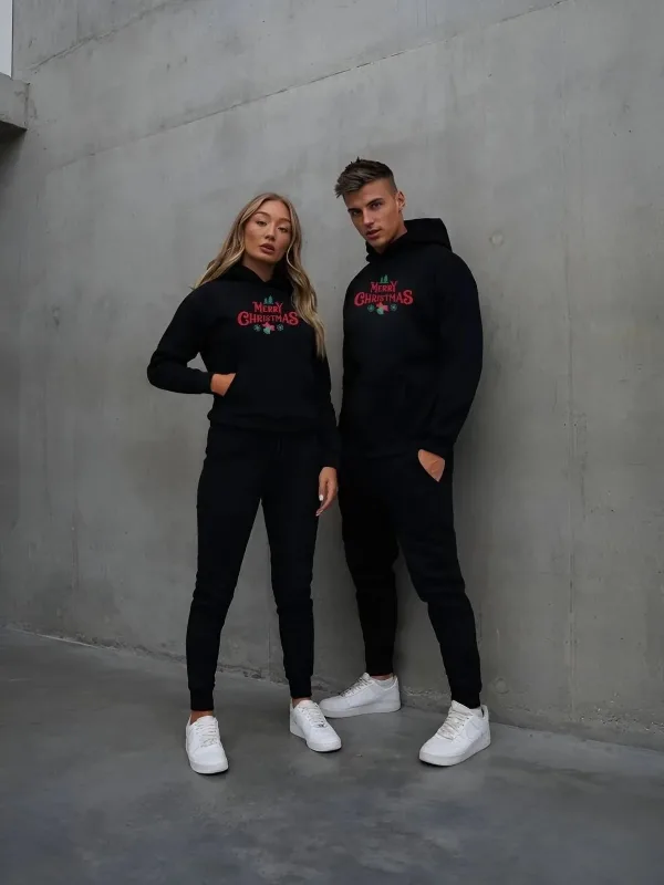 Męski Czarny Oversize Bluza z Kapturem z Nadrukiem Świątecznym 2
