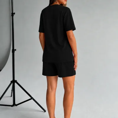 Femeie Negru Oversize Moale Textură Modal Cu Buzunare Costum Scurt 3