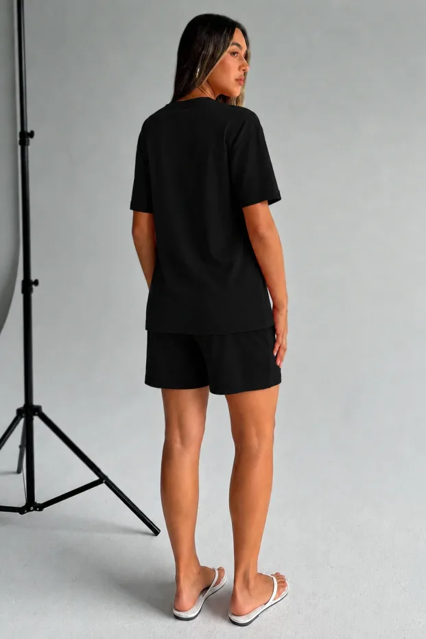 Femeie Negru Oversize Moale Textură Modal Cu Buzunare Costum Scurt 3