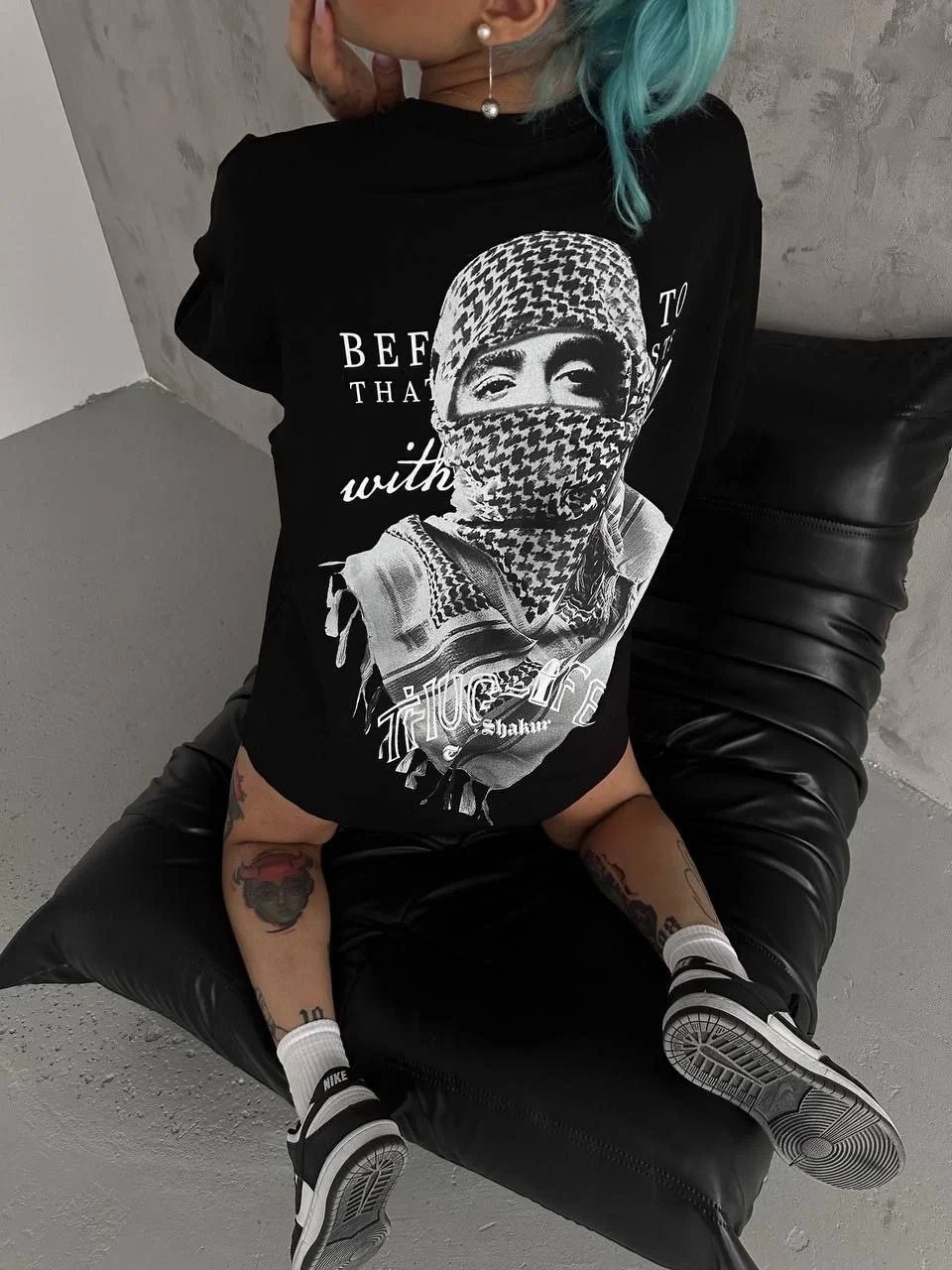 Kadın Siyah Oversize Bisiklet Yaka Filistin Baskılı Tişört