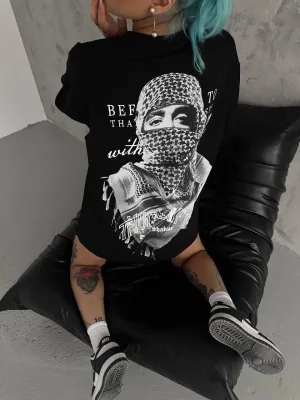Women's Black Oversize Crew Neck Palestine Printed T-Shirt