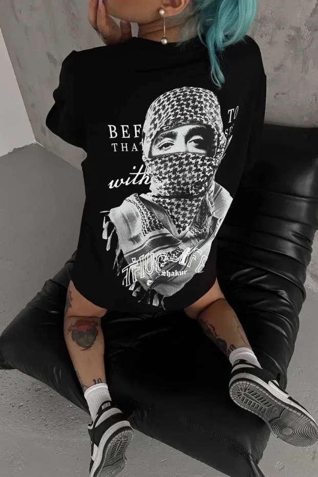 Dámske čierne oversize bicykel výstrih Palestína potlač tričko 1