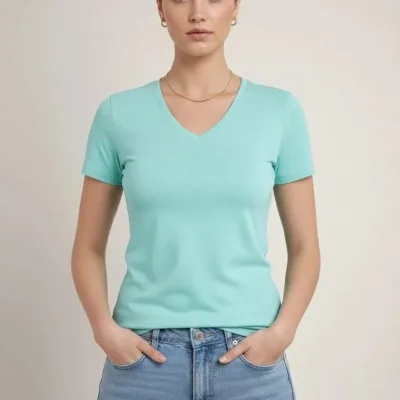 Femeie Tricou Basic Turcoaz Slim Fit cu Guler V, Elastan 2