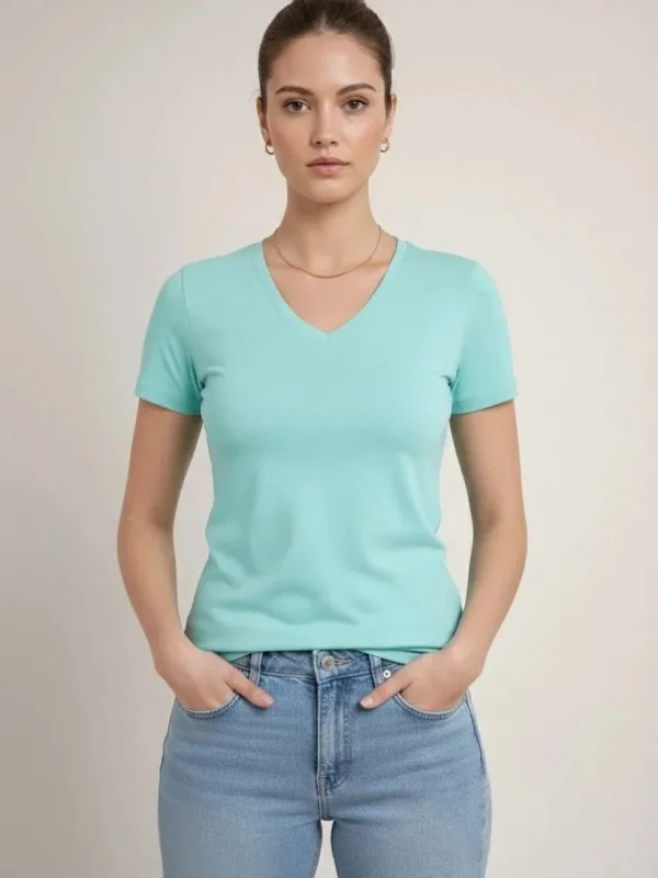 Femeie Tricou Basic Turcoaz Slim Fit cu Guler V, Elastan 2