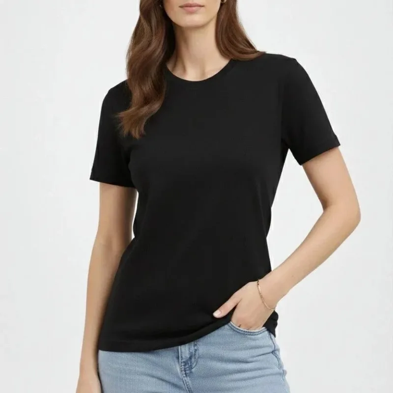 Femeie Tricou Simplu Negru Regular cu Guler Bicicletă, Mânecă Scurtă