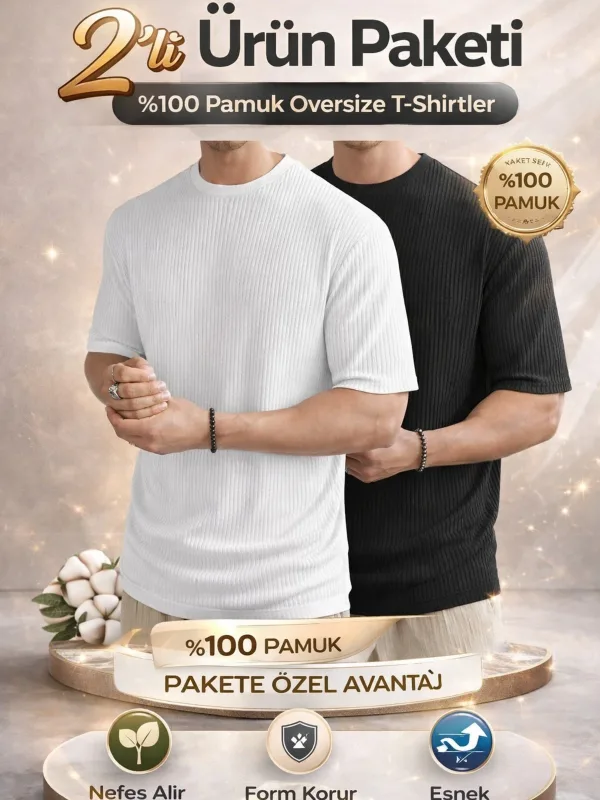 T-Shirt Burrash Pambuk Oversize Brinjë 2-copë Zezë Bardhë