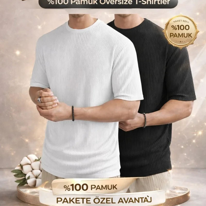 Μαύρο Λευκό 2τεμ Oversize Ριμπέ Βαμβακερό Ανδρικό T-Shirt