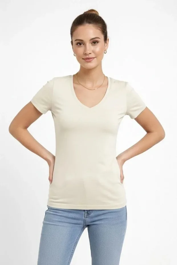 Damski zestaw 2 sztuk T-shirtów slim fit z dekoltem w serek, krótki rękaw 5