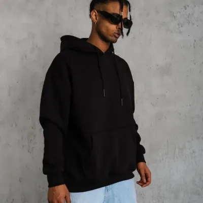 Men's Black 3-Thread Cotton Hooded Kangaroo Pocket Sweatshirt 2