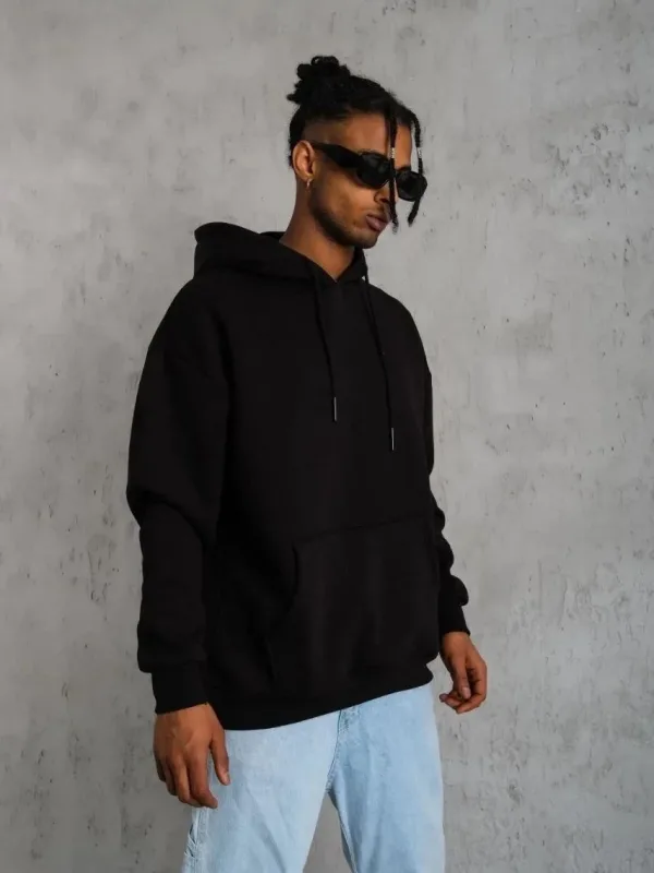 Men's Black 3-Thread Cotton Hooded Kangaroo Pocket Sweatshirt 2