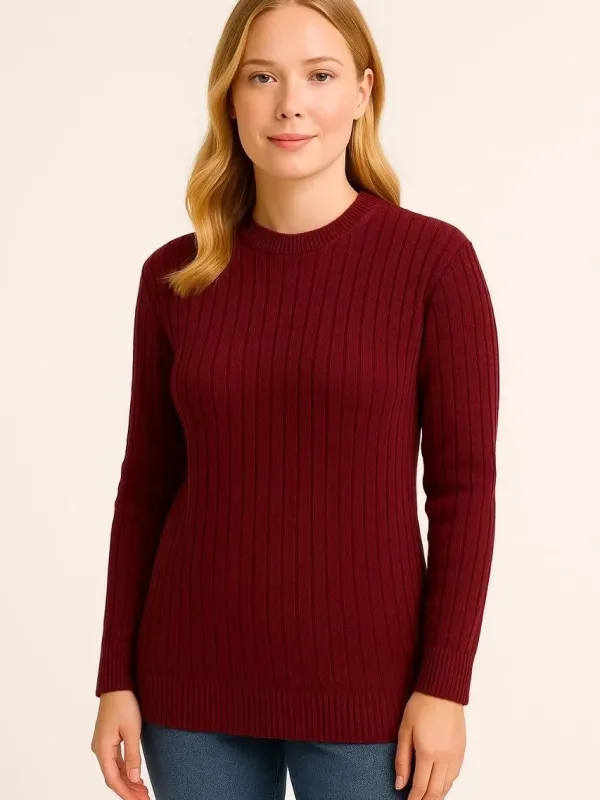 سترة تريكو نسائية سميكة بلون عنابي، بياقة دراجة، بملمس مضلع 4