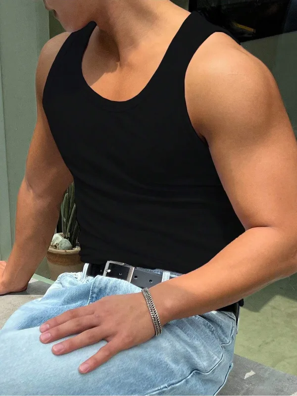 Black Halter Neck Ribbed Stretch Athletic Tank Top 3