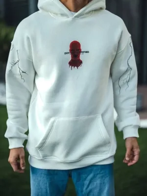 Erkek Beyaz 3 İplik Pamuklu Kapüşonlu Baskılı Kanguru Cepli Sweatshirt