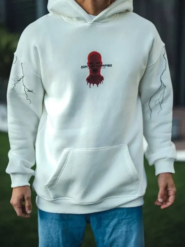 Erkek Beyaz 3 İplik Pamuklu Kapüşonlu Baskılı Kanguru Cepli Sweatshirt