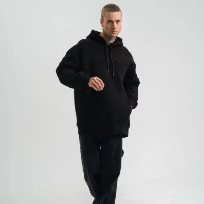 Pánský černý oversize 3-nitný bavlněný vyšívaná mikina s kapucí 6