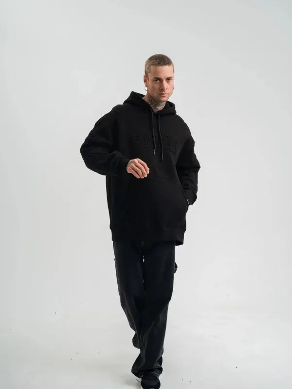 Pánský černý oversize 3-nitný bavlněný vyšívaná mikina s kapucí 6