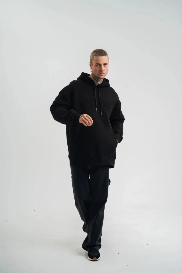 Sweatshirtê Mêran ê Reş Oversize 3 Têl Pembû Bi Kapek û Nexşkirî 6