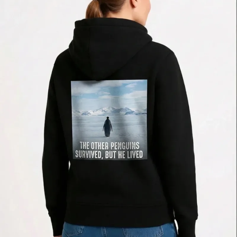Women's Black 3-Thread Cotton Hooded Penguin Print Oversize Sweatshirt