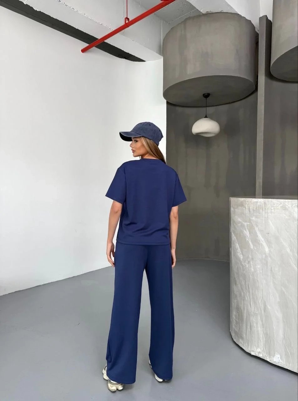 Kadın Lacivert Oversize Soft Modal Kumaş Kısa Kollu Bluz Pantolon Takım 2