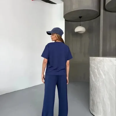 Femeie Bleumarin Oversize Moale Material Modal Mânecă Scurtă Bluză Pantaloni Costum 2