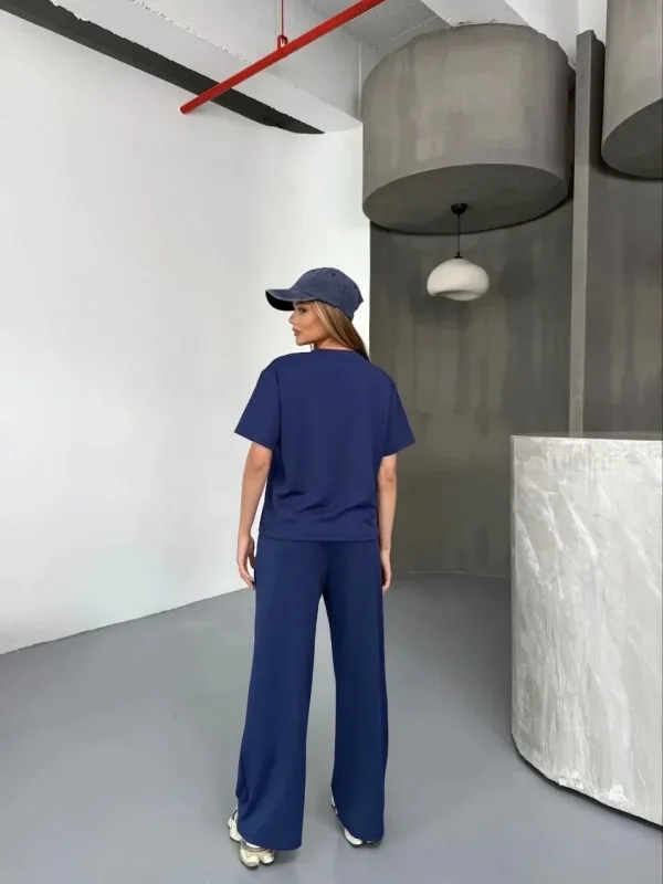 Femeie Bleumarin Oversize Moale Material Modal Mânecă Scurtă Bluză Pantaloni Costum 2