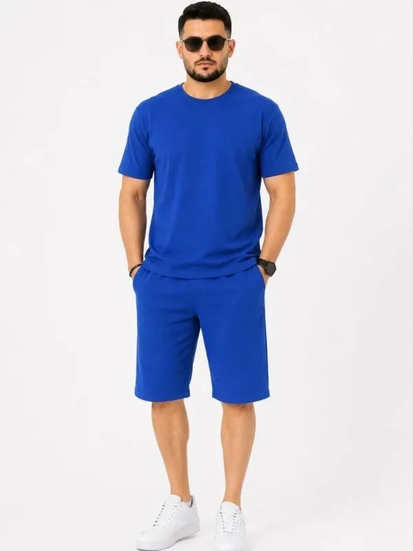 Bărbați Bleumarin Două Fire Guler Bicicletă Tricou Buzunar Sub Genunchi Șort Set 2