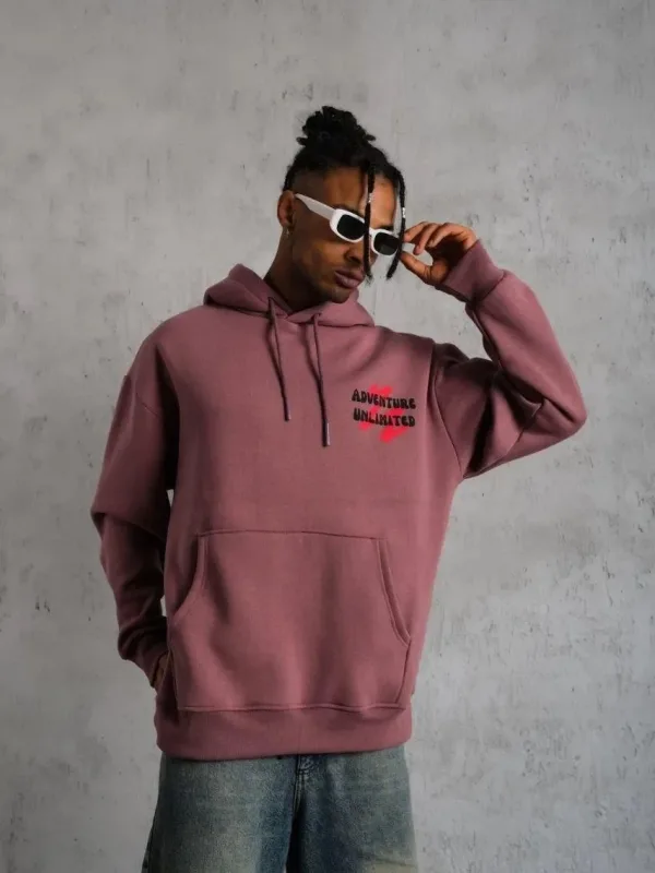 Pánské růžové oversized 3-nitní bavlněné kapucové potištěné mikiny 5