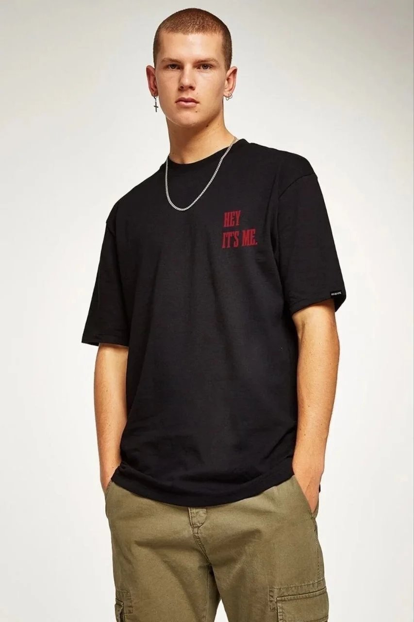 Kişi Qara Regular Velosiped Yaxalı Çap Rahat T-Shirt 1
