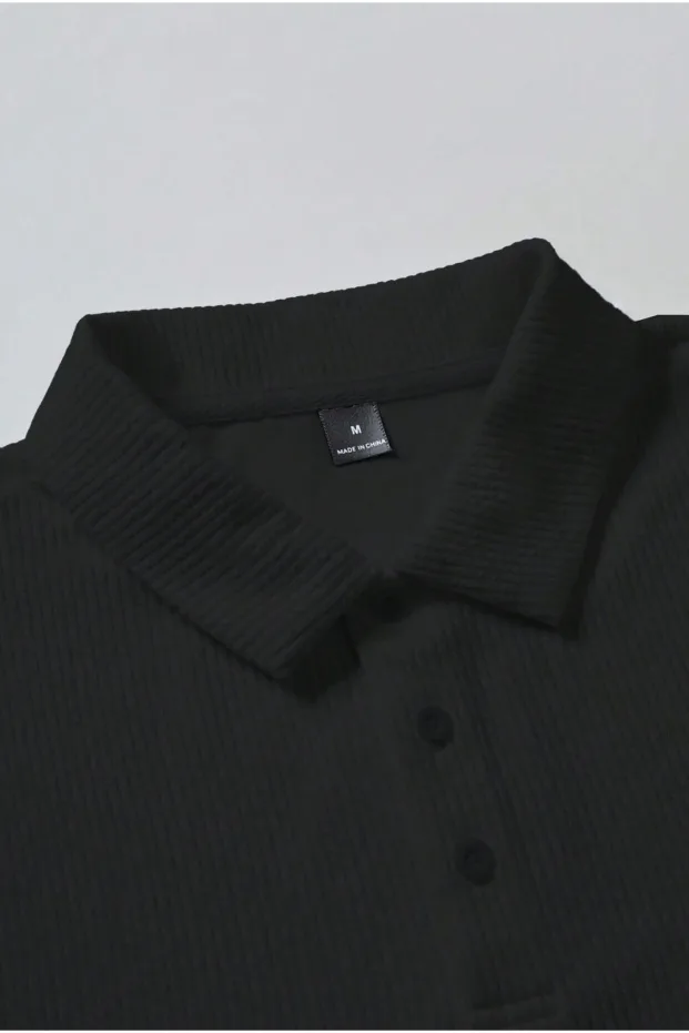 Erkek Siyah Oversize Bisiklet Yaka Fitilli Pamuklu Polo Tişört 5