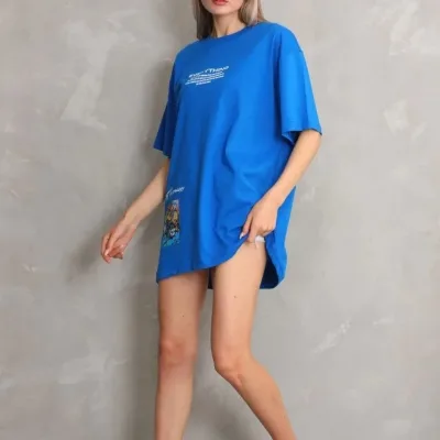 Женски Син Oversize Бициклета Јака Печатена Маица 5
