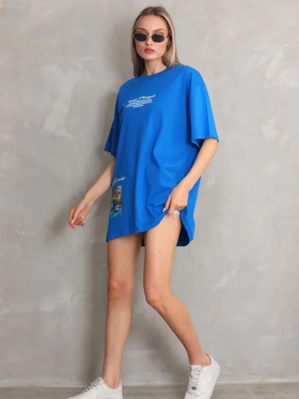Женски Син Oversize Бициклета Јака Печатена Маица 5