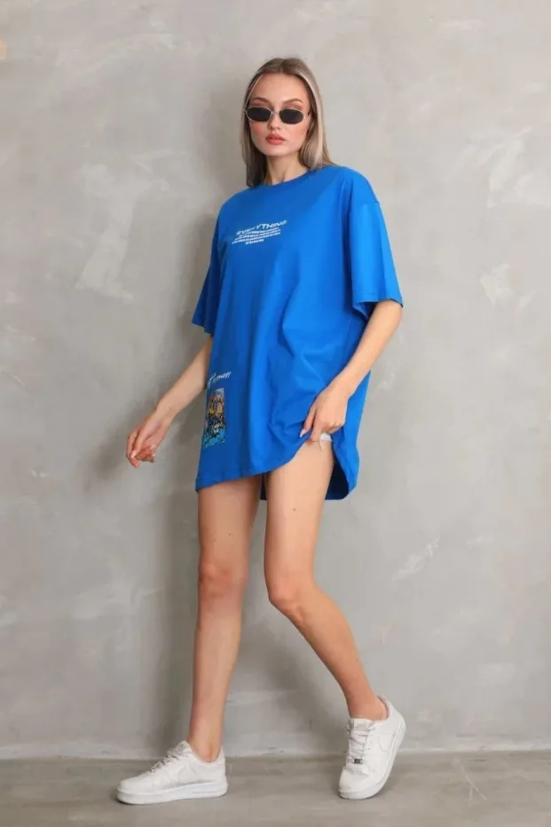 Kadın Mavi Oversize Bisiklet Yaka Baskılı Pamuklu Tişört 5