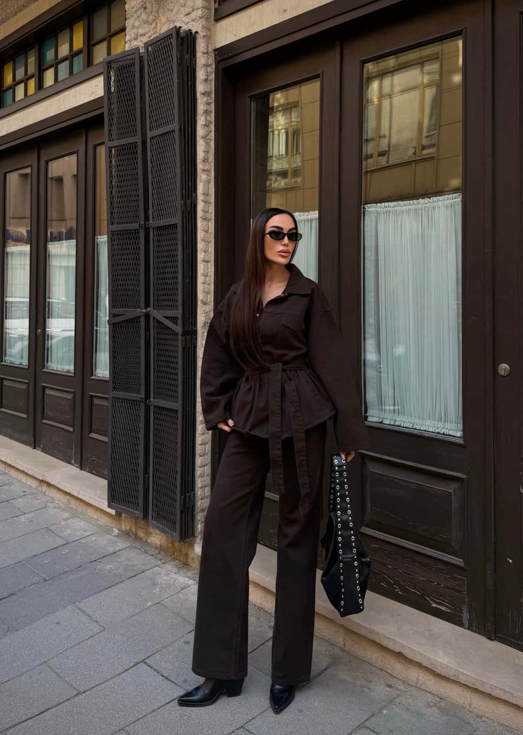Gabardin set sa kaišem na struku: sako i pantalone - Gorka čokolada 4