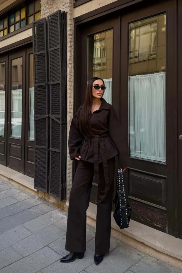 Gabardin set sa kaišem na struku: sako i pantalone - Gorka čokolada 4