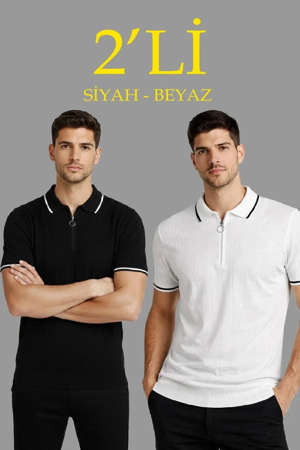 Erkek 2'li Set Fermuarlı Polo Yaka Triko Tişört Kısa Kol