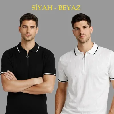 Bărbat Set de 2 Tricou cu Guler Polo cu Fermoar Mânecă Scurtă 1