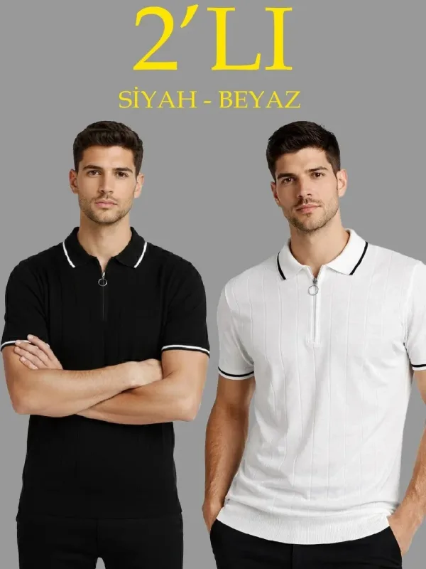 Bărbat Set de 2 Tricou cu Guler Polo cu Fermoar Mânecă Scurtă 1