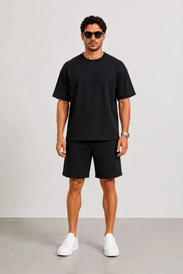 Ανδρικό Μαύρο Oversize Μαλακό Μοντάλ Υφαντό Σετ με Τσέπες 4