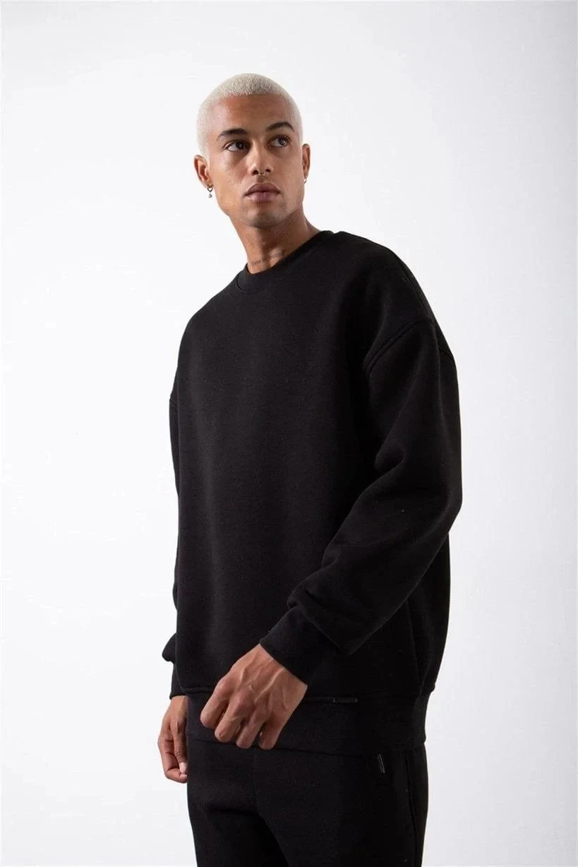 Pánský černý cyklistický výstřih 3-nitný bavlněný sweatshirt