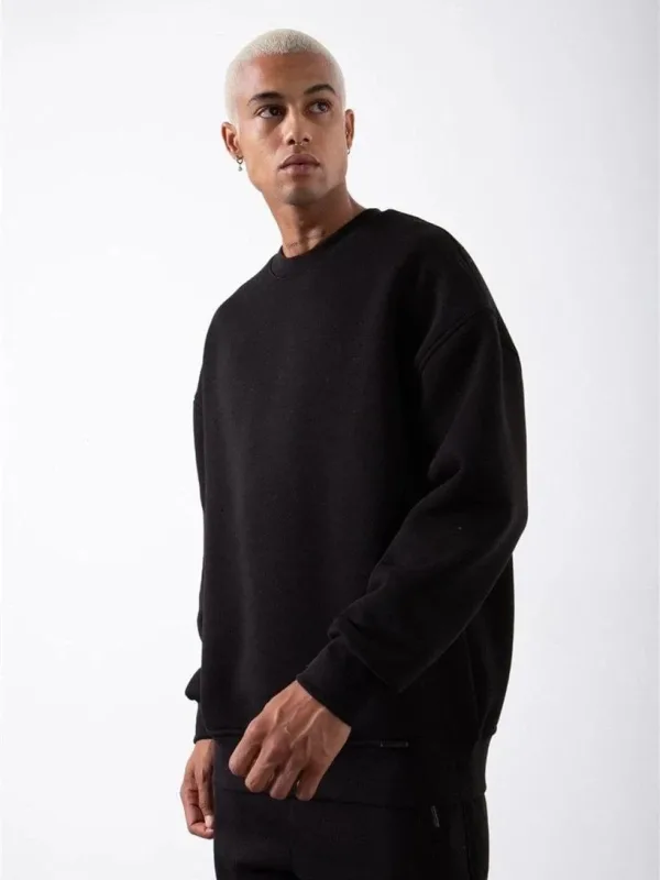 Pánský černý cyklistický výstřih 3-nitný bavlněný sweatshirt 1