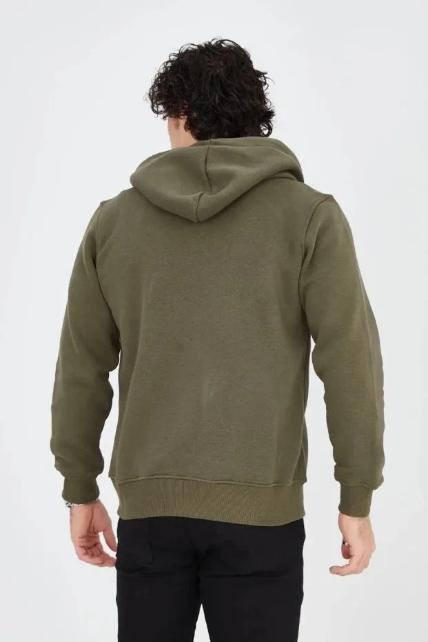 Erkek Yeşil 3 İplik Pamuklu Fermuarlı Kapüşonlu Baskılı Hoodie 2