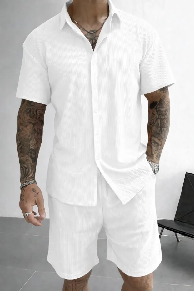 Erkek Beyaz Oversize Fitilli Pamuk Yakasız Gömlek 5
