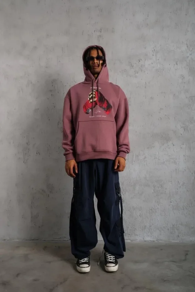 Muška roze oversize kapuljača s printom 3-nitna 4