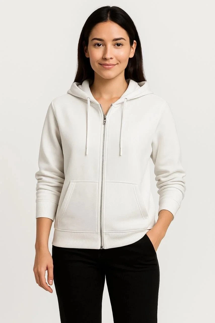 Dámský bílý sweatshirt s kapucí, celoplošným zipem a kapsou klokaní, 3-nitný