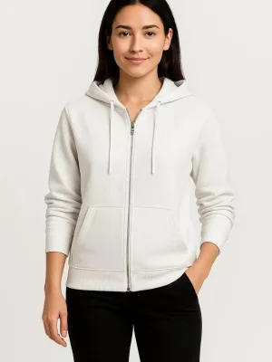 Dámský bílý sweatshirt s kapucí, celoplošným zipem a kapsou klokaní, 3-nitný