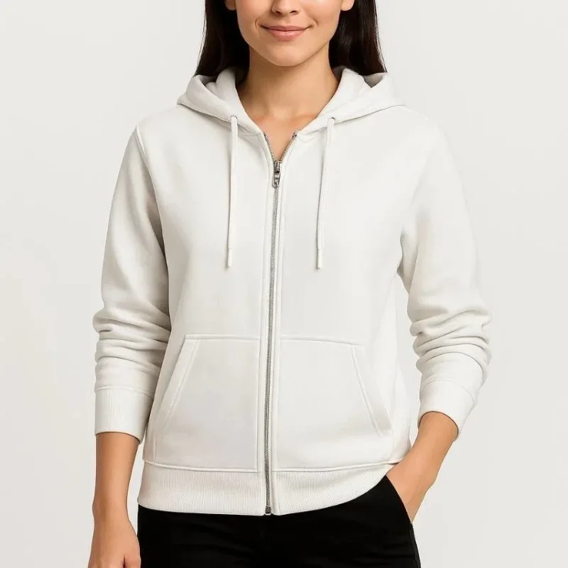 Gratë Bardhë Me Zinxhir të Plotë 3 Fije Kapuçin Xhepi Kangur Sweatshirt