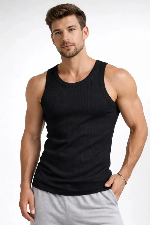 Erkek Siyah Slim Fit Sıfır Yaka Fitilli Arka Baskılı Spor Atlet 1